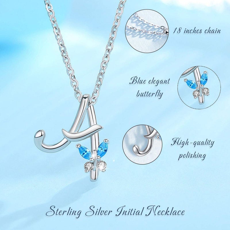 EUDORA Sterling Silver Initial A Necklaces for women Alphabet A Necklace Initial Personalized Letter A Pendant with Blue Cubic Zirconia Butterfly for Mom 18" Chain - Image 3
